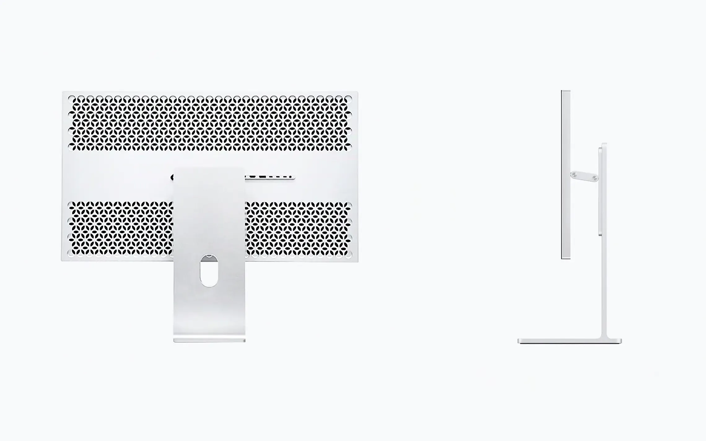 Kuycon G32P rear view showing the perforated honeycomb aluminium shell, with a side profile alongside