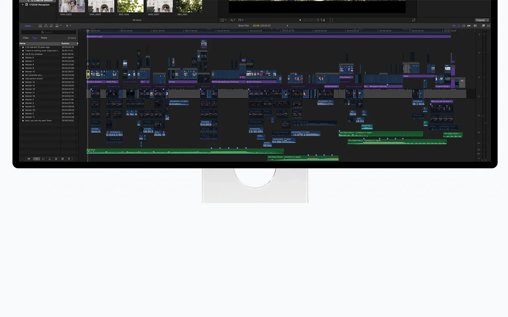 A Final Cut Pro timeline filling a Kuycon G32P at 6K