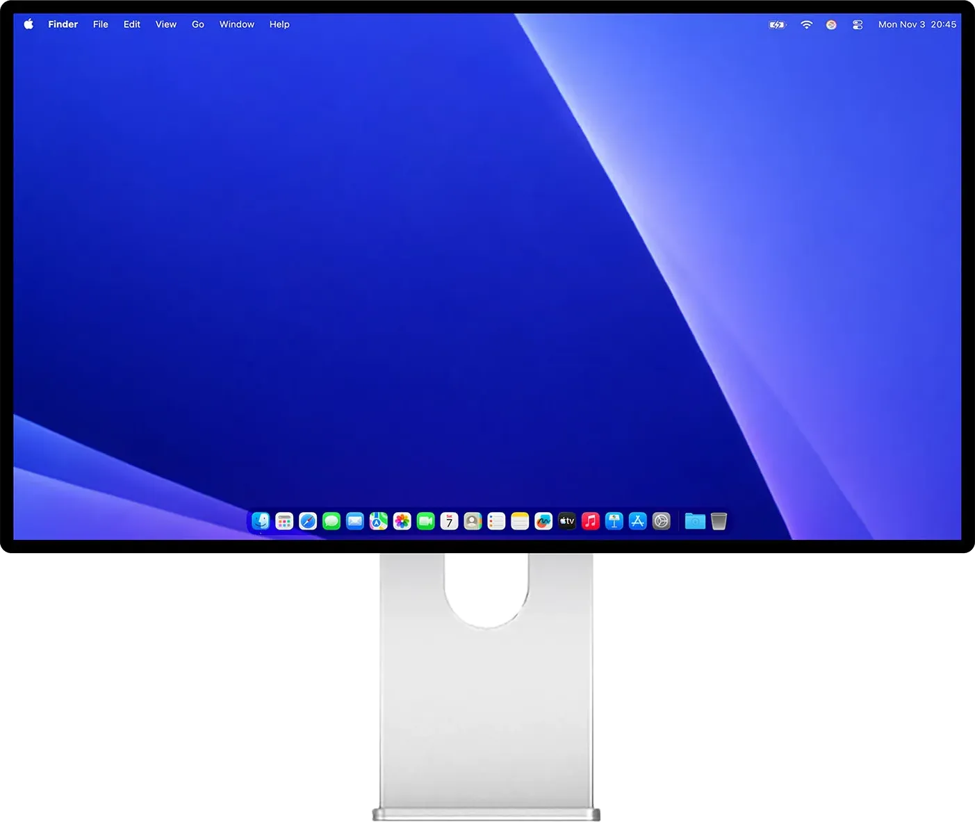 Kuycon G32P running a macOS desktop with the Dock visible